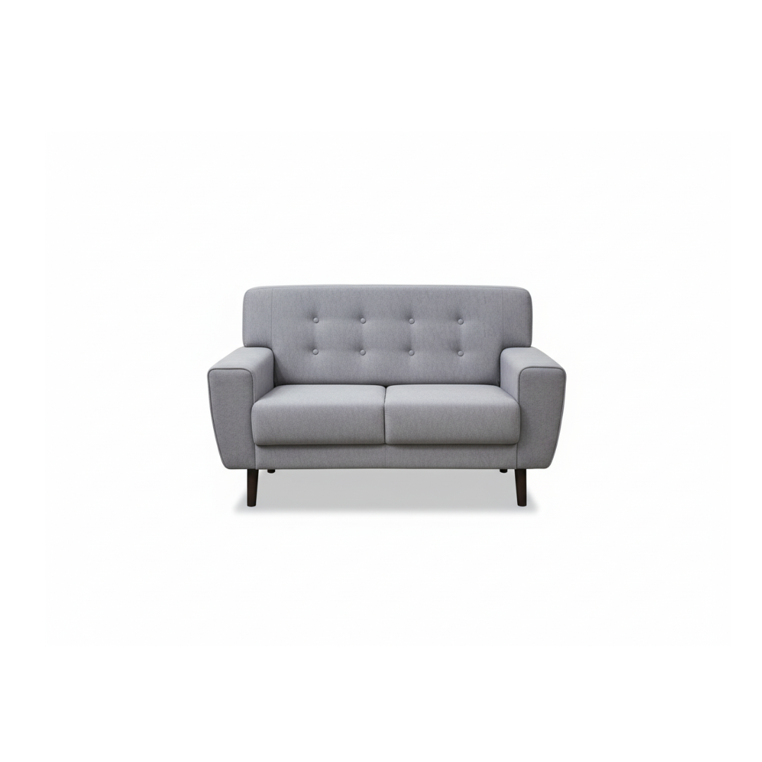 Grey Fabric 2-Seater Sofa (Tufted Back + Wood Legs)