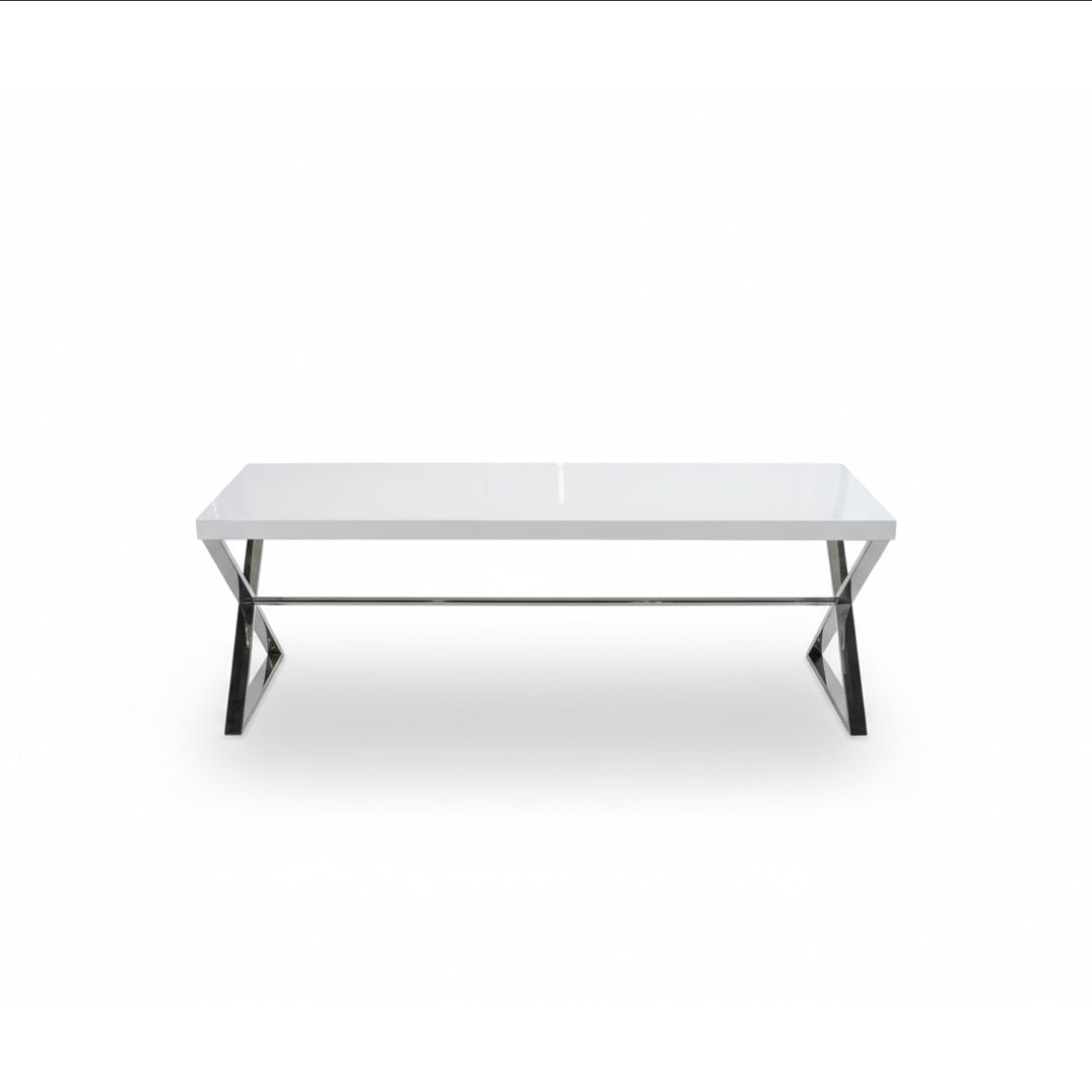 White Gloss Long Bench (Chrome X-Frame Base)