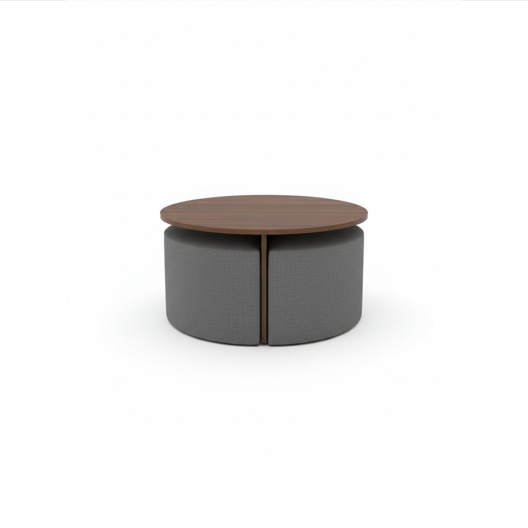 Round Coffee Table With Stowable Poufs (Wood Top)