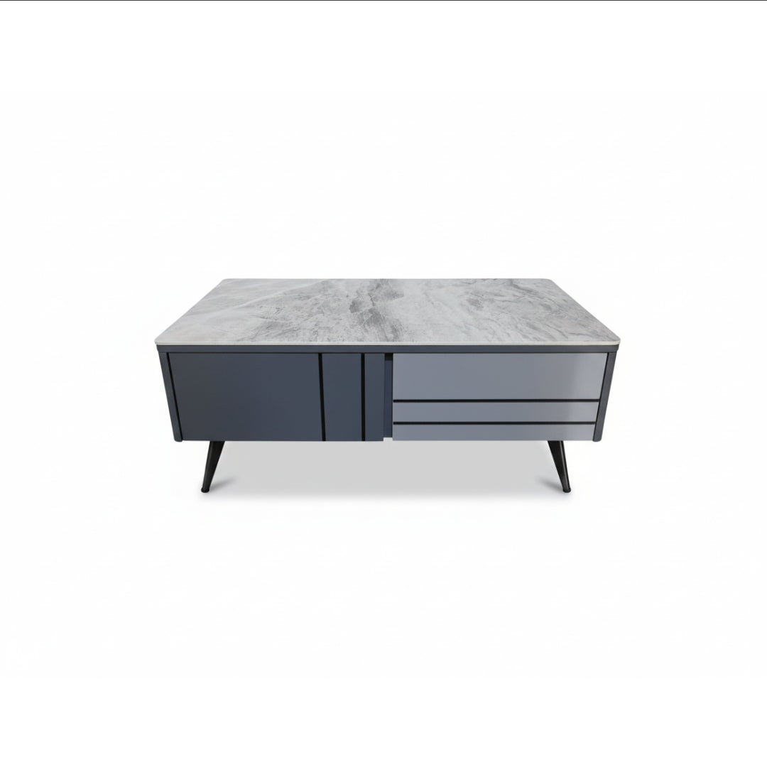 Grey Stone-Top Coffee Table with Slim Black Legs